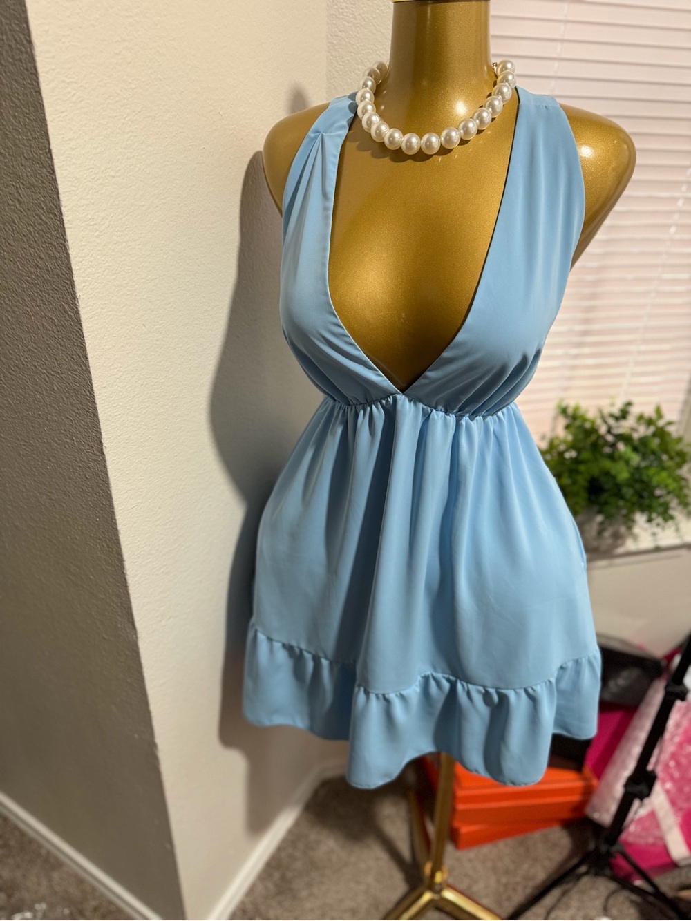 Light Blue Deep V-Neck Sleeveless Mini Dress
